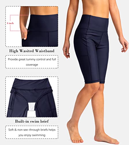 Image of SANTINY Women's High Waisted Swim Shorts with Pockets UPF50+ Long Board Swimming Shorts for Women with Liner