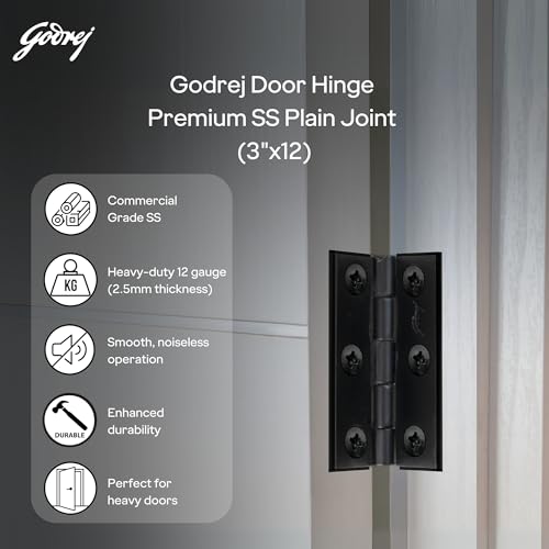 Image of Godrej Door Fittings | 3 inch x 12 Gauge Plain Joint Door Butt Hinges (Pack of 1, 5 Pcs /Pack) | Matte Black Finish, Smooth Operation | 3 Holes Kabza for Home Main Door, Bedroom | 1 Yr Warranty