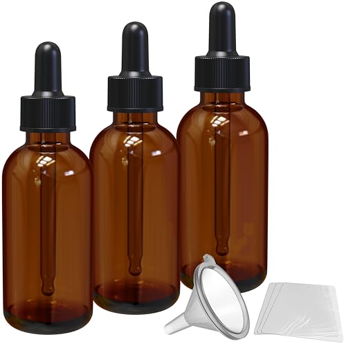 Nevlers Botella cuentagotas de vidrio ámbar de 2 onzas, paquete de 3 botellas cuentagotas de vidrio ámbar a prueba de fugas con envoltura retráctil y embudo, botellas de aceite para aceites esenciales