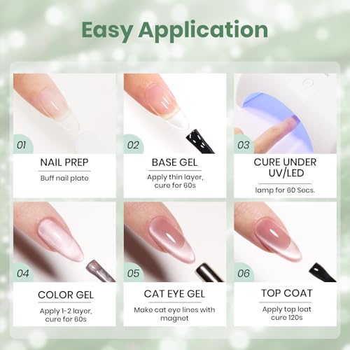 Image of Beetles Minty Gleam Green Cat Eye Gel Nail Polish - 15ML Full Size Glass Green Glitter Cat Eye Spring Gel Polish Magnetic Shimmer Effect Soak Off UV Nail Art Design Salon DIY Manicure Gift for Women