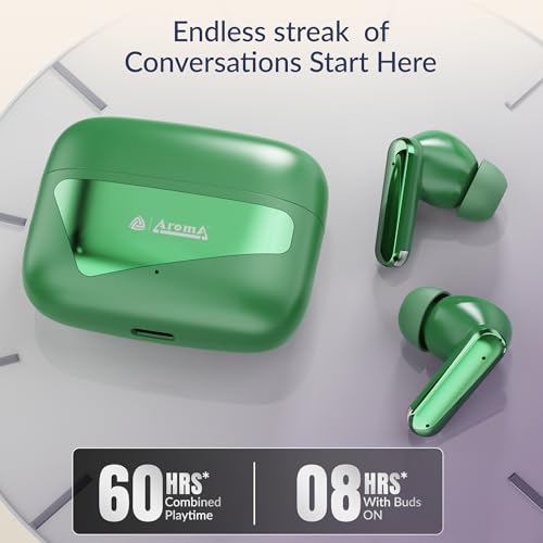 Image of AROMA TWS8 Harmony V5.4 True Wireless Earbuds - Chrome Green | Up to 60H Playtime, ENC, Fast Charging, Heavy Bass, Bluetooth