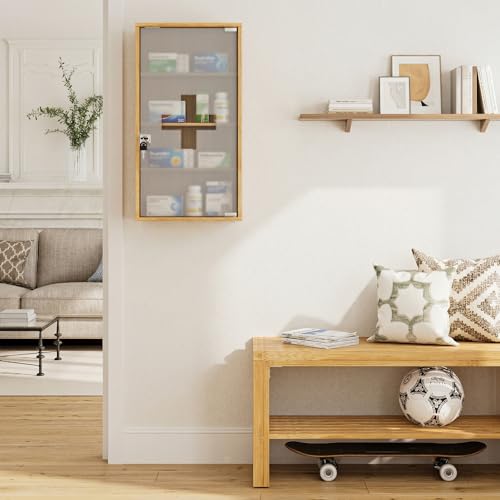 HEYZOEY Armoire médicale en bambou, armoire à médicaments murale verrouillable avec 4 compartiments, armoire à pharmacie pour salle de bain, 65×35×18 cm, grande armoire médicale pour usage domestique – vue 7