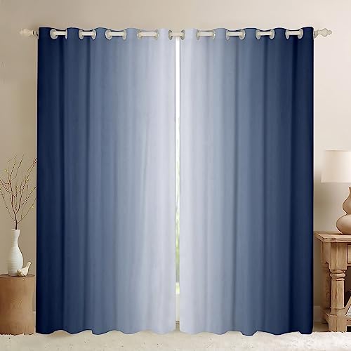 Elegant Navy Blue and White Ombre Darkening Curtains for Bedroom and Living Room – 30%-50% Light Blocking Geometric Drapes W66*L90