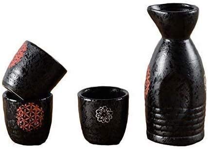 Juego de sake de cerámica UNbit con elegante acabado en esmalte negro y patrón rojo