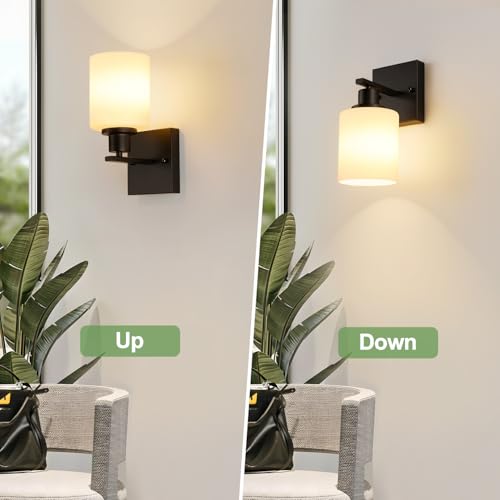 Image of MOKATNG Set of 2 Wall Sconces for Bathroom,Black Modern Vanity Lights with White Glass Shade,Bathroom Wall Lamp for Mirror Kitchen Living Room Hallway Cabinet Porch
