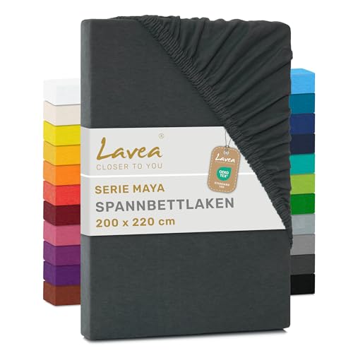 Lavea® Spannbettlaken 200 x 220 cm Maya Jersey, Bettlaken aus 100% Baumwolle, mit Rundumgummi für Matratzen bis 20 cm, atmungsaktiv, pflegeleicht, formstabil, Spannbetttücher, Anthrazit