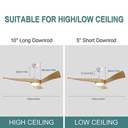 Sofucor 52 Inch Ceiling Fan With Lights Remote Control, Modern Ceiling Fan With Dimmable Led Light, 3 Reversible Solid Wood Blades & 6 Wind Speed, Burlywood #TOP4