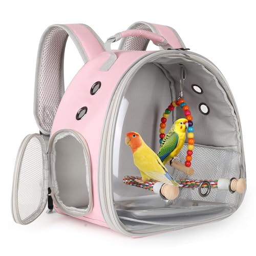 Image of Portable Parrot Travel Cage Carrier with Small Swing Toy&Cage Colorful Toys Set Small Bird Parakeet Bag with Standing Perch Bird Carry Transport Bag (Pink, Backpack /Swing)