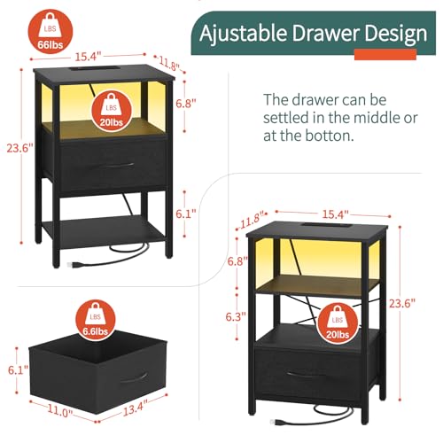 Image of Yoobure Side Table with Storage, LED Night Stand with Charging Station, End Tables Living Room, Nightstand for Bedroom with Adjustable Fabric Drawer, 3-Tier Wood Bedside Table, Black