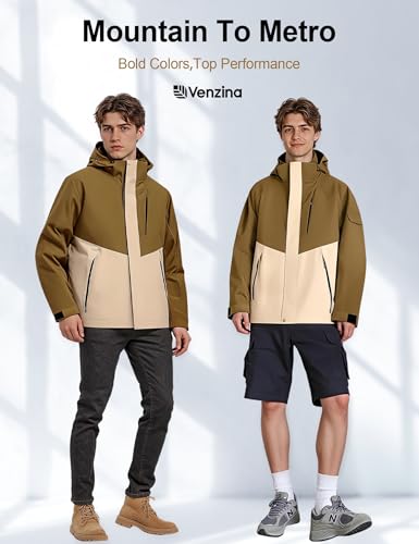 Image of Venzina Men's Waterproof Rain Jacket-Lightweight Windbreaker with Color Block Design, Breathable for Urban Outdoor, Daily Commuting I Fashion Unisex Couple Jacket