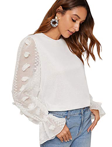 Romwe Women's Casaul Mesh Long Sleeve Round Neck Solid Blouse Top Tee S White
