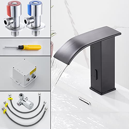 Grifo sin contacto de cascada premium con sensor electrónico negro para lavabo baño 7