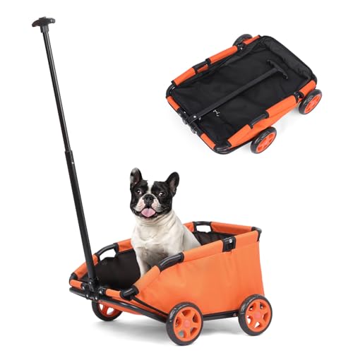 Mini-Hundewagen für Mini-Haustiere, faltbarer multifunktionaler Einkaufswagen mit ausziehbarem Ziehgriff, Doggie Wagon eingebautem Kissen und Sicherheitsseil mit Aufbewahrungstasche (Orange)