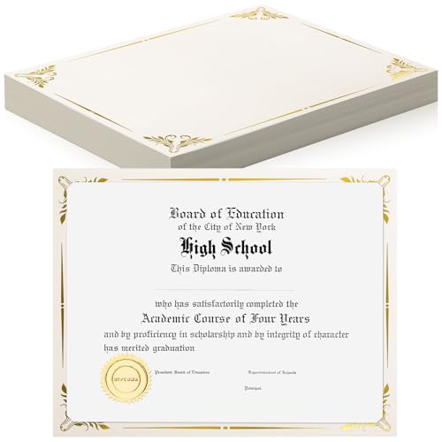 Fainne 50 Pcs Single Sided Certificate Holder Diploma Covers with Foil Border for 8.5 x 11 Inches Certificates Cardstock Document Papers Award Competition Supplies(Beige, Gold)
