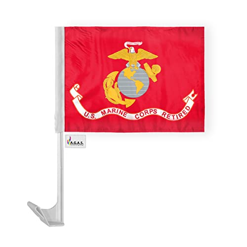 AGAS Marine Corps Retired Car Flag â€“ Military Veteran Flag â€“ 12 x 16 Inch â€“ Economy Car Window Flag â€“ Single-Sided Printed Polyester â€“ Double Stitched Edges â€“ Mounted on 17 Inch White Plastic Flexible Pole with Clip-On Mount