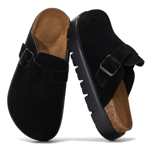Project Cloud Genuine Leather Platform Clogs for Women Footwear - Memory Foam Arch Support Cork Footbed Casual Shoes & Mules for Women 2025 (Benton Chunky)