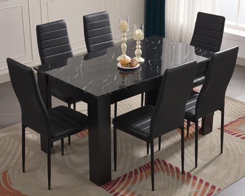 Dining Table and 6 Chairs Set Dining Table Set Pu Leather Dining Room Chairs and 18mm Thick Table Top 140 x 80 cm Long Wooden Dining Table Modern Design for Home Kitchen Furniture