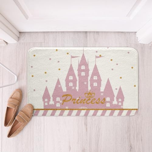 Homewish Girls Princess Bathroom Rug,Cartoon Castle Non Slip Bath Mat Kids Teens Woman,Gold Glitter Dots Lines Shaggy Absorbent Floor Mat Sweet Girly White Pink Bath Indoor Doormat Decor,16