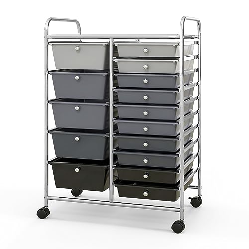 COSTWAY Chariot de Rangement 15 Tiroirs en PP, Tour de Rangement à Roulette, Cadre en Métal, Desserte Meuble Tiroir pour École, Bureau, 63x37x87cm