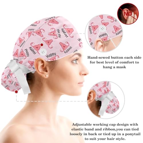 Image of Butterfly Scrub Cap Women with Ponytail & Buttons Adjustable Surgical Nurse Hat with Cotton Sweatband for Long Hair