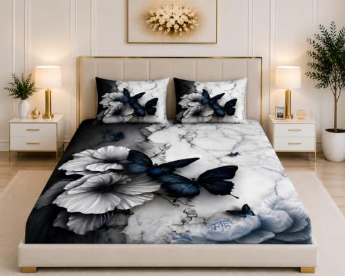 Image of 7D Digital Printed King Size Bedsheet | 240TC Premium Cotton Feel Microfiber with 2 Pillow Covers | Soft Breathable & Wrinkle Free Bedding Set | (BlueWhite, King Size-90x100 Inch)
