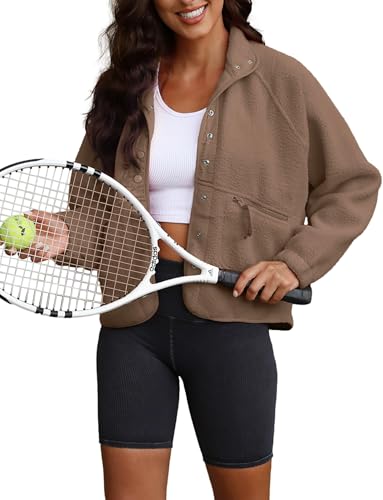 ReachMe Womens Sherpa Jacket Casual Lapel Button Down Cropped Fuzzy Fleece Jackets Long Sleeve Winter Coats with Pockets2