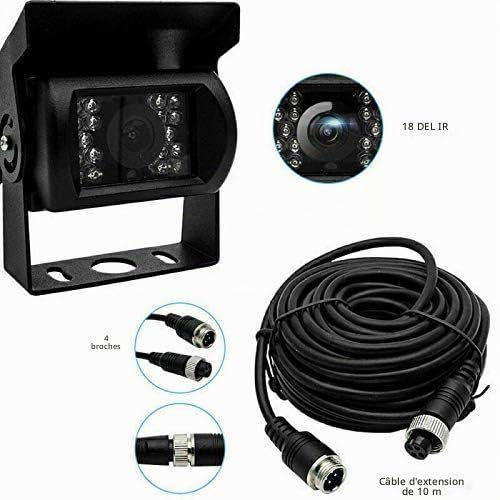 Caméra de recul pour Camion avec câble de 10 m, étanche 18 LED infrarouges 170 degrés 4 Broches Haute définition CCD pour Voiture Lourde camionnette, remorque, Bus, caravanes