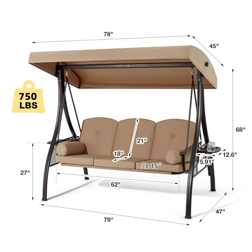 Image of HOMREST 3 Person Outdoor Porch Swing with 1.5 inch Upgraded Cup Holder, Adjustable Canopy, Backrest, Patio Swing Bed with Weather Resistant Steel Frame, Cushions for Garden,Deck and Poolside(Brown)