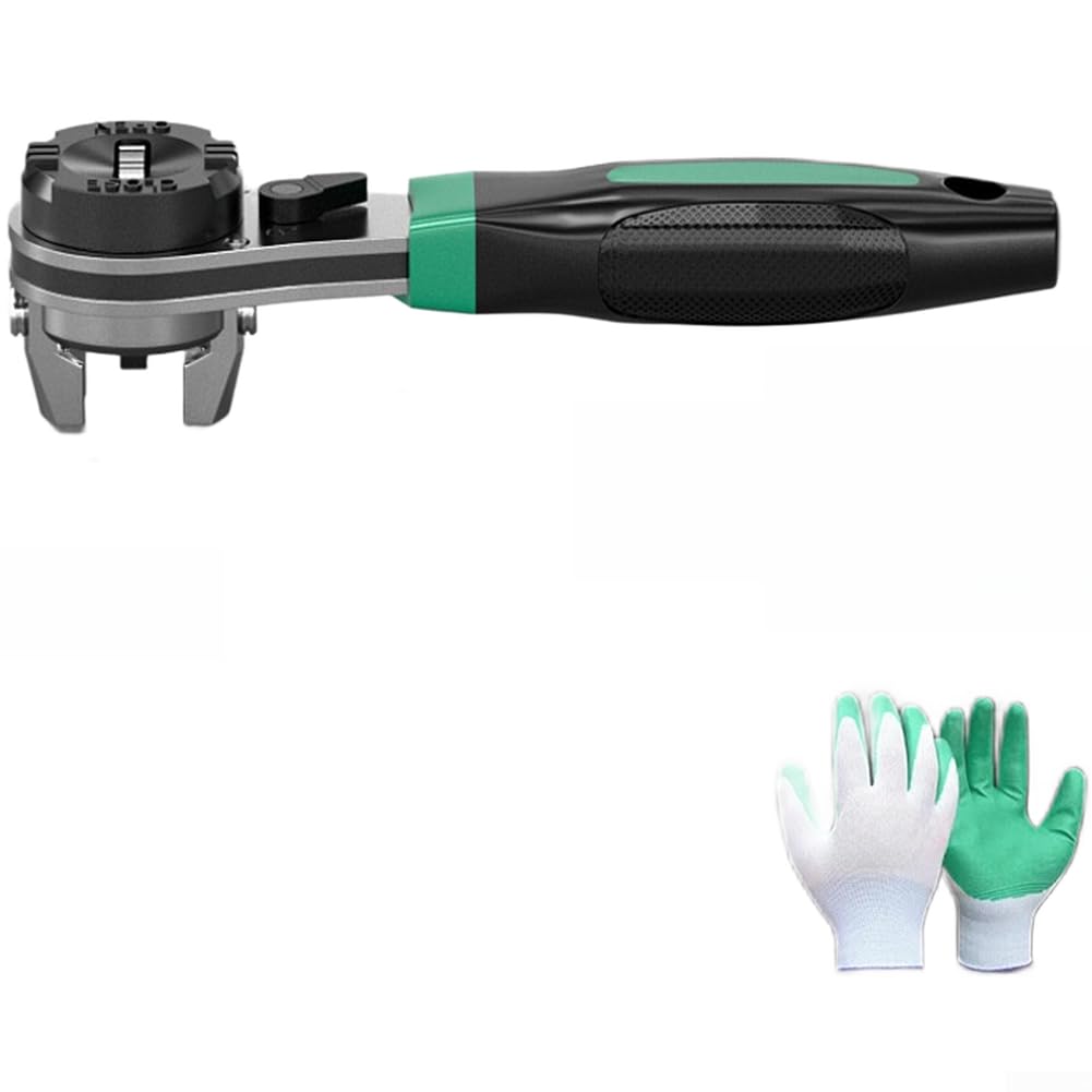 Llave de trinquete multifuncional 3 en 1 con engranaje de precisión de 60 dientes y mandíbula flexible de 6,35 mm a 22,5 mm para tareas mecánicas generales en acabado verde (C)