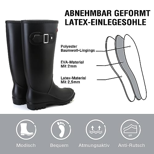 Jesindr Damen Halbhoch Gummistiefel, Mode Protective Gummischuhe, Bequem Rutschfesten Atmungsaktiv Damen Gummistiefel, Schwarz, 41 EU