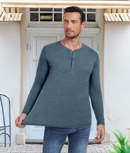 PEGENO Men's Fashion Casual Front Placket Long Sleeve Henley T-Shirts Cotton Shirts4