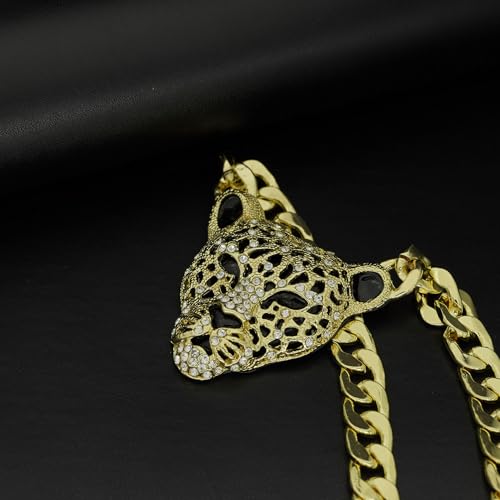 Chunky Cuban Chain Leopard Pendant Choker for Women Men,Animal Cheetah Iced Out Charm Necklace with 14K Gold Plated Link,Faux Diamond Bling Bold Statement Hip Hop Rapper Punk Jewelry3