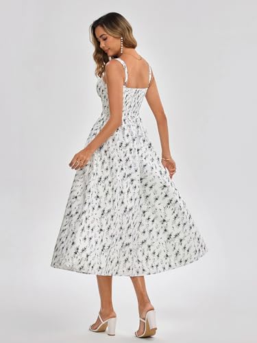 Image of KUTUMAI Floral Corset Midi Dress Flowy Slit Summer Spring Wedding Guest Dresses for Women Sundress with Pockets