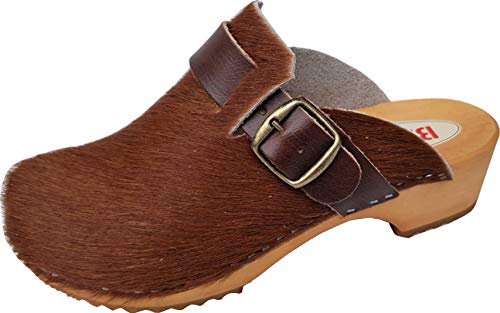 Unisex Schweden Holz Clogs - Pantolette Gr.34-35-36-37-38-39-40-41-42 *BRAUN* Echt Leder- Kuhfell (Braun, EU Schuhgrößensystem, Erwachsene, Damen, Numerisch, M, 36)