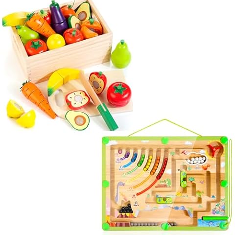 WOODMAM Wooden Play Food for Kids Bundle with Unique Designed Magnetic Color and Number Maze Cover