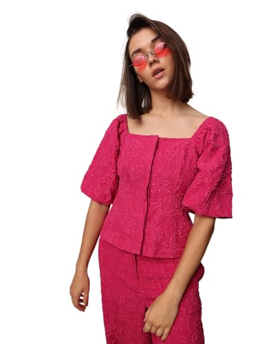 Image of ONLY Women Polyester Regular Fit Jacquard Weave Square Neckline Puff Sleeves Top