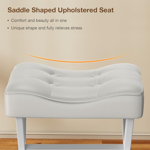 Image of Memobarco 18-Inch Large Leather Vanity Stool, Vanity Chair with Metal X-Leg, Ottoman Accent Stool with Thick Padded Saddle Seat, White