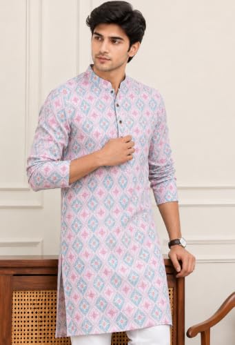 Image of FOXDX Men's Cotton Kurta, Ethnic Printed Kurta for Perfect Ethnic Look, Stand Collar Long Sleeve Casual Printed Regular Long Kurta