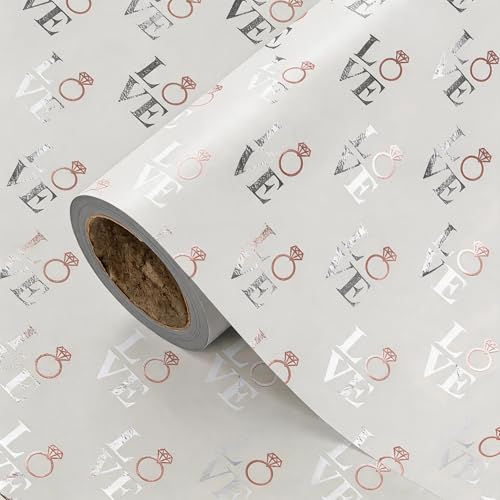 LeZakaa Wedding Wrapping Paper Roll Love Ring Design Gift Wrap Paper with Silver Foil for Bridal Shower Engagement Anniversary Wedding Valentines 17 in x 9.8 ft