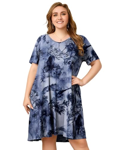 Image of OVERWORETY Womens Short Sleeve Plus Size T-Shirt Dress V Neck Casual Loose Swing A-Line Summer Tunic Dresses with Pockets