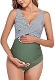 SUMMERSUNSHINE Maternity One Piece Swimwear Front Cross Pregnancy Swimsuit Bathing Suit Maternity Bikini Stripes Army GreenXL