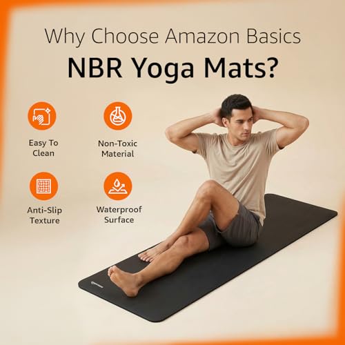 Image of Amazon Basics NBR Yoga & Exercise Mat with Carrying Strap | 10 mm Thick Cushioned Support | Non-Slip Textured Surface | Durable Foam Rubber Material | Floor Protection | Ideal for Yoga, Pilates & Home Workouts | 183 x 61 cm | Black
