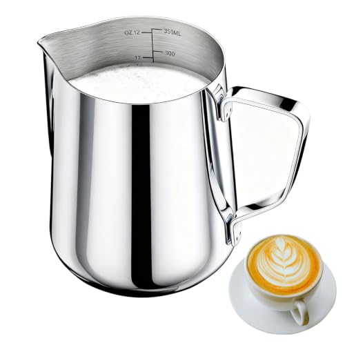 350ml/12oz Edelstahl Milchkännchen Handheld Milchaufschäumer mit Skala Milchkanne Barista Milchkanne Ideale für Espresso Cappuccino Latte Silber