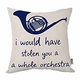 Mugod Blue French Horn Throw Pillow Cover I Would Have Stolen You a Whole Orchestra Quote Decorative Pillow Cases Square Cotton Linen Cushion Cover for Home Bed Sofa Couch 18x18 Inch