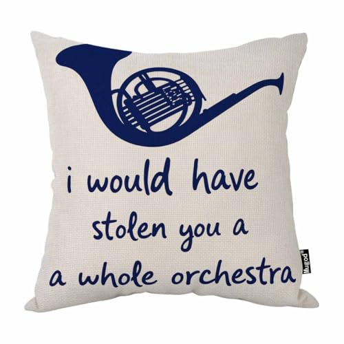 Mugod Blue French Horn Throw Pillow Cover I Would Have Stolen You a Whole Orchestra Quote Decorative Pillow Cases Square Cotton Linen Cushion Cover for Home Bed Sofa Couch 18x18 Inch