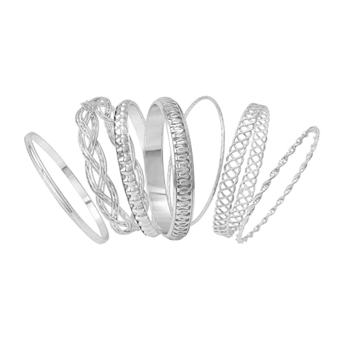 GUESS Silvertone 7-Piece Textured Bangle Bracelet Set2