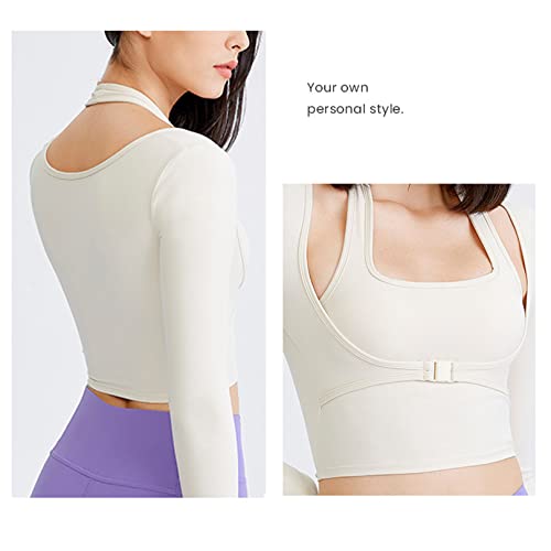 Flygo Yoga Shirts With Built In Bra Cutout Padded Crop Tops Long Sleeve Gym T Shirt For Women Workout(Beige-S) #TOP3