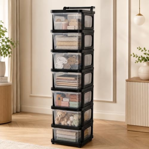 Image of Heavy Duty Plastic Storage Drawer with Wheels | Modular Cabinet for Bedroom, Office, Home or Classroom| Chest of Drawers Organiser for Cosmetics, Kitchen items, Toys (Transparent, 7)