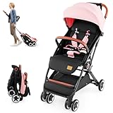 HONEY JOY Travel Stroller, One-Hand Quick Fold Lightweight Umbrella Stroller for Airplane, Wrist Wrap & Net, Multi-Position Recline, Overhead Friendly Compact Stroller for Newborn and Toddler(Pink)
