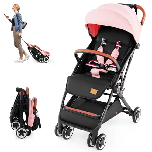 HONEY JOY Travel Stroller, One-Hand Quick Fold Lightweight Umbrella Stroller for Airplane, Wrist Wrap & Net, Multi-Position Recline, Overhead Friendly Compact Stroller for Newborn and Toddler(Pink)